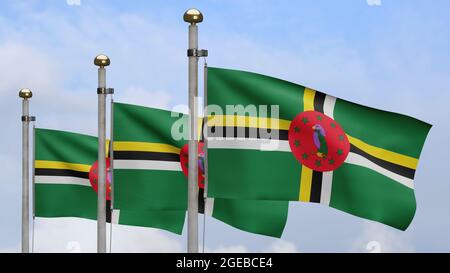 3D, Dominikanische Flagge winkt auf Wind mit blauem Himmel und Wolken. Nahaufnahme des Dominica-Banners, weiche und glatte Seide. Stoff Stoff Textur Fähnrich BAC Stockfoto