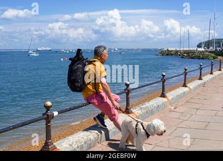 Mann, der mit seinem Hund auf der Esplanade in Cowes, Isle of Wight, England, unterwegs ist Stockfoto