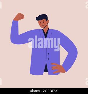 Ein schwarzer Mann in einem Geschäftsanzug hob die Faust voller Zuversicht. Farbenfrohe, flache Vektorgrafik auf isoliertem Hintergrund. Eps 10. Stock Vektor