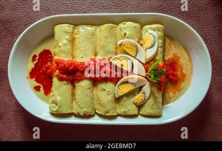 Papadzules, mexikanisches traditionelles Gericht aus Yucatan, Mexiko Stockfoto