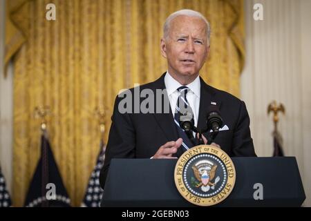 Washington, Usa. August 2021. Präsident Joe Bide hält am Mittwoch, den 18. August 2021, im Ostsaal des Weißen Hauses in Washington, DC, Bemerkungen zur COVID-19-Reaktion und zum Impfprogramm. Die Regierung Biden hat am 20. September Pläne bekannt gegeben, COVID-19-Auffrischungsimpfungen anzubieten. Foto von Pete Marovich/UPI Credit: UPI/Alamy Live News Stockfoto