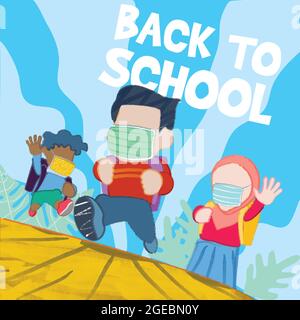 Schulkinder laufen mit Maske geeignet für Zurück zur Schule während Pandemie Illustration Stock Vektor