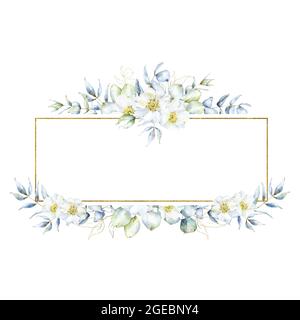 Florales rechteckiges Aquarell und goldener Rahmen mit Eukalyptuszweigen und Blättern, verziert mit kleinen rosa Hüftblüten Stockfoto