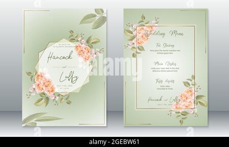 Vorlage für eine luxuriöse Hochzeitseinladungskarte. Elegant von grünem Hintergrund mit goldenem Rahmen und Rosenstrauß. Vektorgrafik.EPS10 Stock Vektor