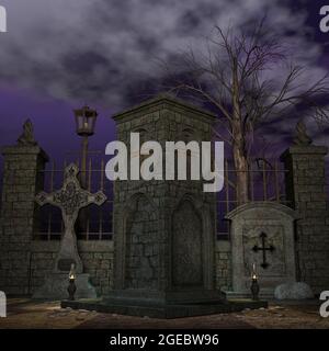 3d-Illustration eines Fantasy-Friedhofs, gruselige Halloween-Szene Stockfoto