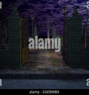 3d-Illustration eines Fantasy-Friedhofs, gruselige Halloween-Szene Stockfoto
