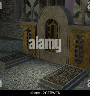 3d-Illustration eines Fantasy-Friedhofs, gruselige Halloween-Szene Stockfoto