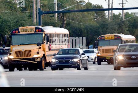 Pembroke Pines, USA. August 2021. PEMBROKE PINES, FLORIDA - 18. AUGUST: Broward County School Busse, die am Mittwoch, den 18. August, am ersten Unterrichts-Tag an der Broward County Public School in Pembroke Pines, Florida, USA, auf der Straße gesehen wurden, 2021. Das Florida State Board of Education sagte, dass es trotzige Schulbezirke zwingen würde, sich an den Executive Order des republikanischen Gouverneurs Ron DeSantis zu halten, der es ihnen verbietet, Studenten zu verbieten, Masken zu tragen, um einen Anstieg der Covid-19-Fälle zu verlangsamen. (Foto von JL/Sipa USA) Quelle: SIPA USA/Alamy Live News Stockfoto