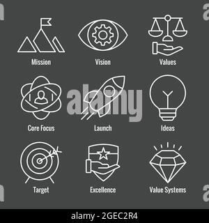 Mission Vision und Werte Icon Set mit Raketen-, Ideen- und Zielsymbolen Stock Vektor