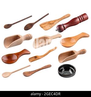 Isolierter Satz von hölzernen Kochgeschirr Werkzeuge Collage Stockfoto