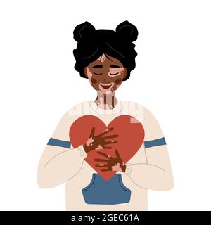 Afrikanische Frau mit Vitiligo. Selbstversorgung und Selbstliebe. Welt Vitiligo Tag. Hauterkrankung. Glückliches Mädchen umarmt Herz. Vektorgrafik in flacher Karikatur Stock Vektor