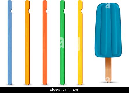 Set realistischer Popsicle Sticks. Blaues Eis 3D. Vektorgrafik, Sommersaison. Stock Vektor