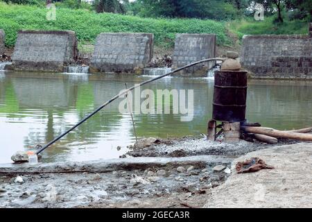 Mahua, Bassia latifolia Likör wird hergestellt, das Flusswasser fließt im Hintergrund, keult und grün Stockfoto