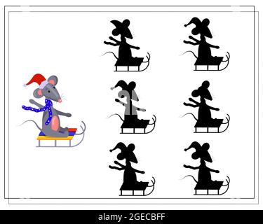Ein logisches Spiel für Kinder, Finden Sie einen Schatten. Eine niedliche Cartoon-Ratte reitet auf einem Schlitten. vektor isoliert auf einem weißen Hintergrund. Stock Vektor