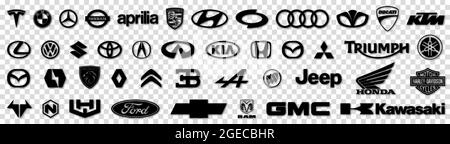 Vinnyzja, Ukraine - 18. August 2021. Logos beliebter Auto- und Motorradmarken. Schwarze flache Logos auf transparentem Hintergrund isoliert. Redaktioneller Vektor i Stock Vektor