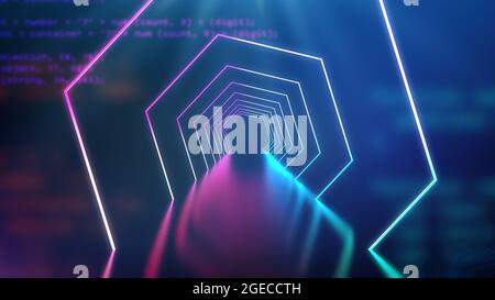 Zimmer mit Neonlicht. Ultravioletter abstrakter Hintergrund mit Neon-Korridor. Hintergrund der 3d-Technologie. Farbe beleuchtete Innenraum mit LED-Strahlen und Stockfoto