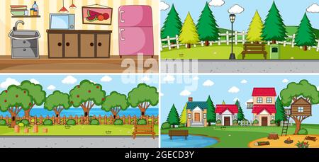 Satz von verschiedenen Szenen in Cartoon-Stil Illustration Stock Vektor
