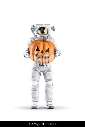 Halloween Kürbis Astronaut - 3D-Illustration des Space Suit trägt männliche Figur mit großen geschnitzten grinsenden Jack o'laterne isoliert auf weißem Studio Stockfoto