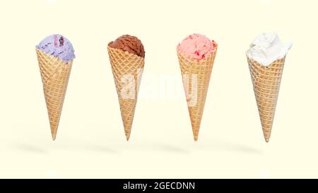 Verschiedene Eiscreme in Waffelkonen. Schoko-, Heidelbeer-, Himbeer- und Vanilleeis-Kugeln Stockfoto
