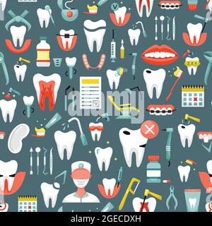 Vektor-nahtloses Muster mit Symbolen für die Zahnmedizin. Zahnmedizinischer Hintergrund Stock Vektor
