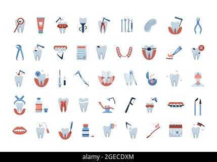 Vektor-Set mit flachen farbigen Symbolen für die Zahnmedizin Stock Vektor