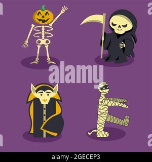 Cliparts mit Halloween Figuren Skelett Kürbis, Sensenmann, Dracula, Mama Stock Vektor