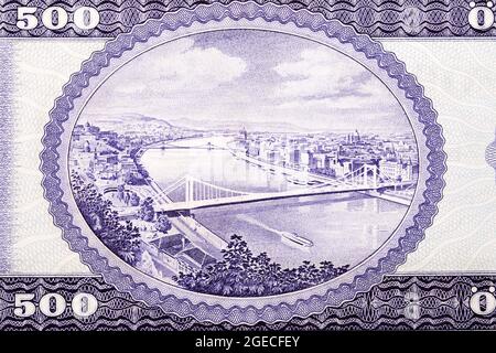 Luftaufnahme von Budapest und Donau aus dem alten ungarischen Forint Stockfoto