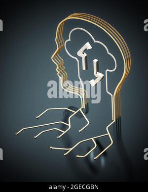 Leiterplattenkabel, die eine Kopfform bilden. Interaktionskonzept Mensch und Maschine. 3D-Illustration. Stockfoto