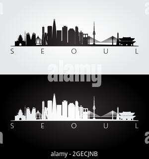 Skyline von Seoul und Wahrzeichen Silhouette, schwarz-weißes Design, Vektor-Illustration. Stock Vektor