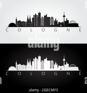 Kölner Skyline und Wahrzeichen Silhouette, schwarz-weißes Design, Vektor-Illustration. Stock Vektor