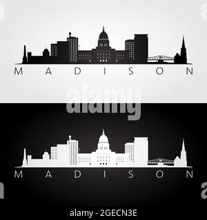 Madison USA Skyline und Wahrzeichen Silhouette, Schwarz-Weiß-Design, Vektor-Illustration. Stock Vektor