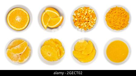 Frische und verarbeitete Orangen, in weißen Schalen. Orangefarbene Hälfte, Keile, geschnittene Schale, Schale, Segmente, Querschnitte, höchster Schnitt und frisch gepresster Saft. Stockfoto