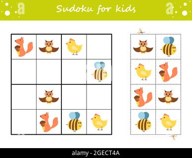 Sudoku für Kinder. Arbeitsblatt zur Entwicklung von Schulungen. Aktivitätsseite mit Bildern. Puzzle-Spiel für Kinder. Set Tiere. Stock Vektor