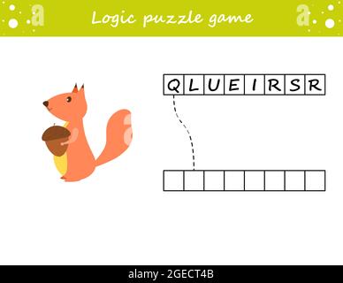Logik Puzzle-Spiel. Wörter für Kinder lernen. Finde den verborgenen Namen. Aktivitätsseite für die Studie Englisch. Spiel für Kinder. Vektorgrafik. Stock Vektor