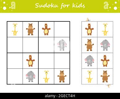 Sudoku für Kinder. Arbeitsblatt zur Entwicklung von Schulungen. Aktivitätsseite mit Bildern. Puzzle-Spiel für Kinder. Set Tiere. Stock Vektor