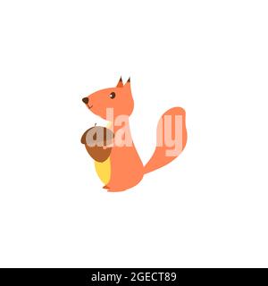 Das Eichhörnchen hält eine Nuss. Illustration für Kinder. Fröhlicher Charakter für Kinder Illustration. Vektorgrafik. Stock Vektor