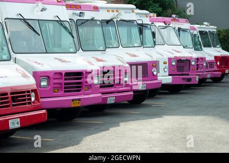 Pink & white Eiscreme-Lastwagen von New York City, die im Freien in Long Osland City, Queens, New York, geparkt sind Stockfoto