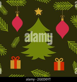 Weihnachtsbaum, Geschenke und Verzierungen Karte. Vektorgrafik. Stock Vektor