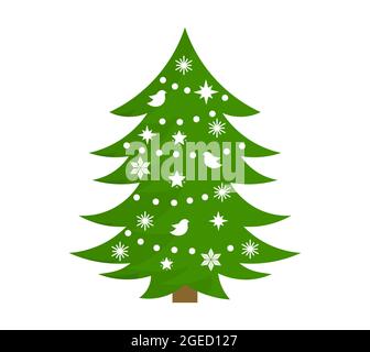 Grüner Weihnachtsbaum mit weißen Ornamenten verziert. Vektorgrafik. Stock Vektor