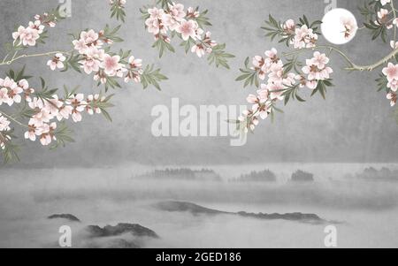 3d Wandbild Hintergrund Licht einfache graue Tapete. mond und Zweige Blumen und Berge. Stockfoto
