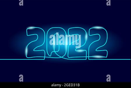 2022 Neujahr einzelne dunkle Neon-Linie Kunst. Holiday Grußkarte Headline Dekoration. Datumsnummern Konzept Design. Eine Skizzenvektordarstellung Stock Vektor