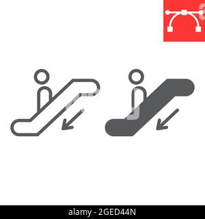 Rolltreppe unten Linie und Glyphe-Symbol, Informationen und Flughafen, Mann auf Rolltreppe Vektor-Symbol, Vektorgrafiken, editierbare Kontur Umriss Zeichen, eps 10. Stock Vektor