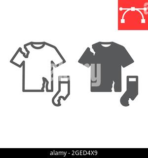 Textile Abfalllinie und Glyphe-Symbol, Recycling und zerrissene T-Shirt, zerrissene Socke Vektor-Symbol, Vektorgrafiken, editierbare Kontur Umriss Zeichen, eps 10. Stock Vektor