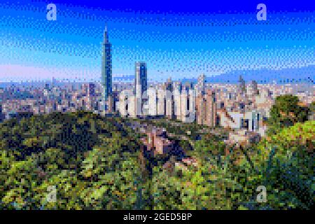 Pixel Art 8-Bit-Grafik. Skyline von Taipei, Taiwan. Stockfoto