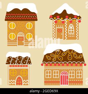 Set von Weihnachten Lebkuchen Häuser Vektor flache Abbildung. Traditionelles Backen für das neue Jahr. Bemalt dekoriert handgemachtes Geschenk. Winterurlaub Ele Stock Vektor