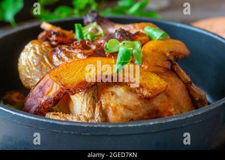 Gebratenes Huhn mit Kürbis. Köstliches Hähnchengericht, serviert in Bräter auf rustikalem und hölzernen Tischhintergrund Stockfoto