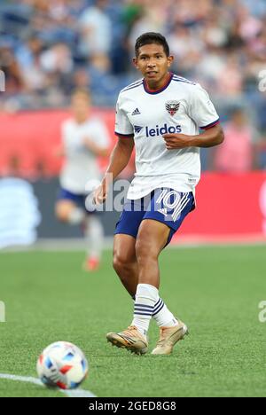 18. August 2021; Foxborough, MA, USA; D.C. vereinte den Stürmer Edison Flores (10) in Aktion während eines MLS-Matches zwischen D.C. United und New England Revolution im Gillette Stadium. Anthony Nesmith/CSM Stockfoto