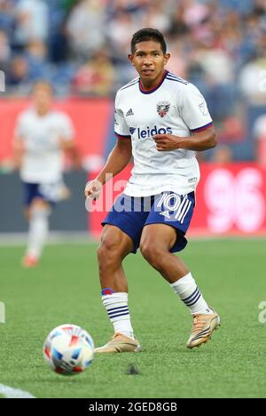 18. August 2021; Foxborough, MA, USA; D.C. vereinte den Stürmer Edison Flores (10) in Aktion während eines MLS-Matches zwischen D.C. United und New England Revolution im Gillette Stadium. Anthony Nesmith/CSM Stockfoto