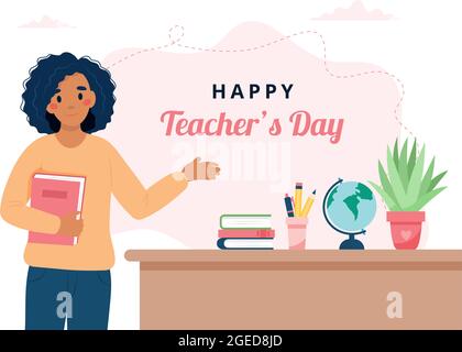Happy Teacher s Day Konzept. Schwarze Lehrerin im Klassenzimmer. Schule und Lernen. Niedliche Vektor-Illustration in flachen Cartoon-Stil Stock Vektor