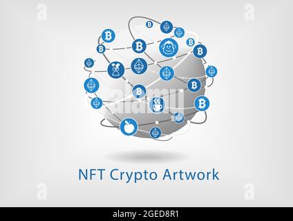 NFT nicht fungible Token-Konzept für digitale Krypto-Kunstwerke. Vektor-Illustration der Erde mit Bitcoin und ethereum-Münzen, um Kunstwerke zu kaufen. Stock Vektor